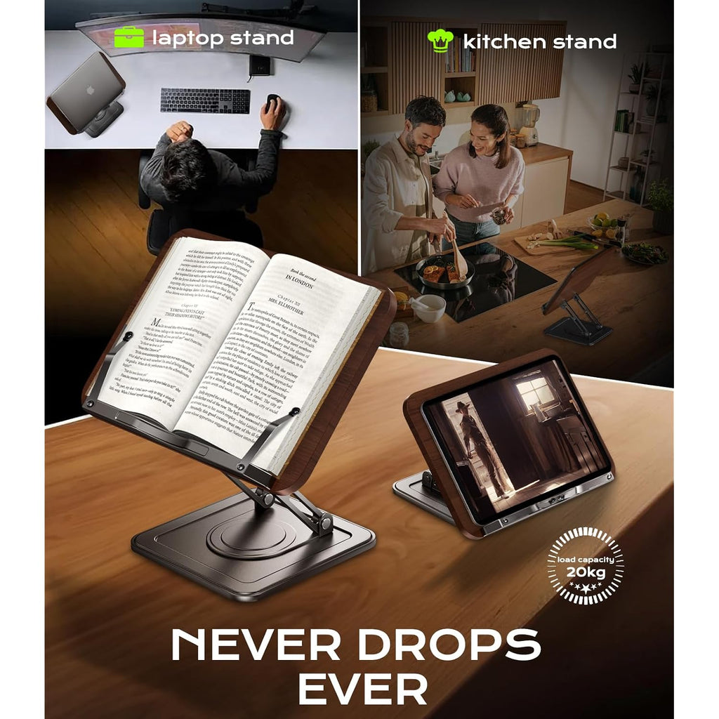 Book Stand For Reading, Adjustable Book Holder With 360°Rotating Bases, Ergonomic Cookbook Stand Recipe Book Holder With Elastic Page Clips For Magazines, Tablets, Laptops,Black