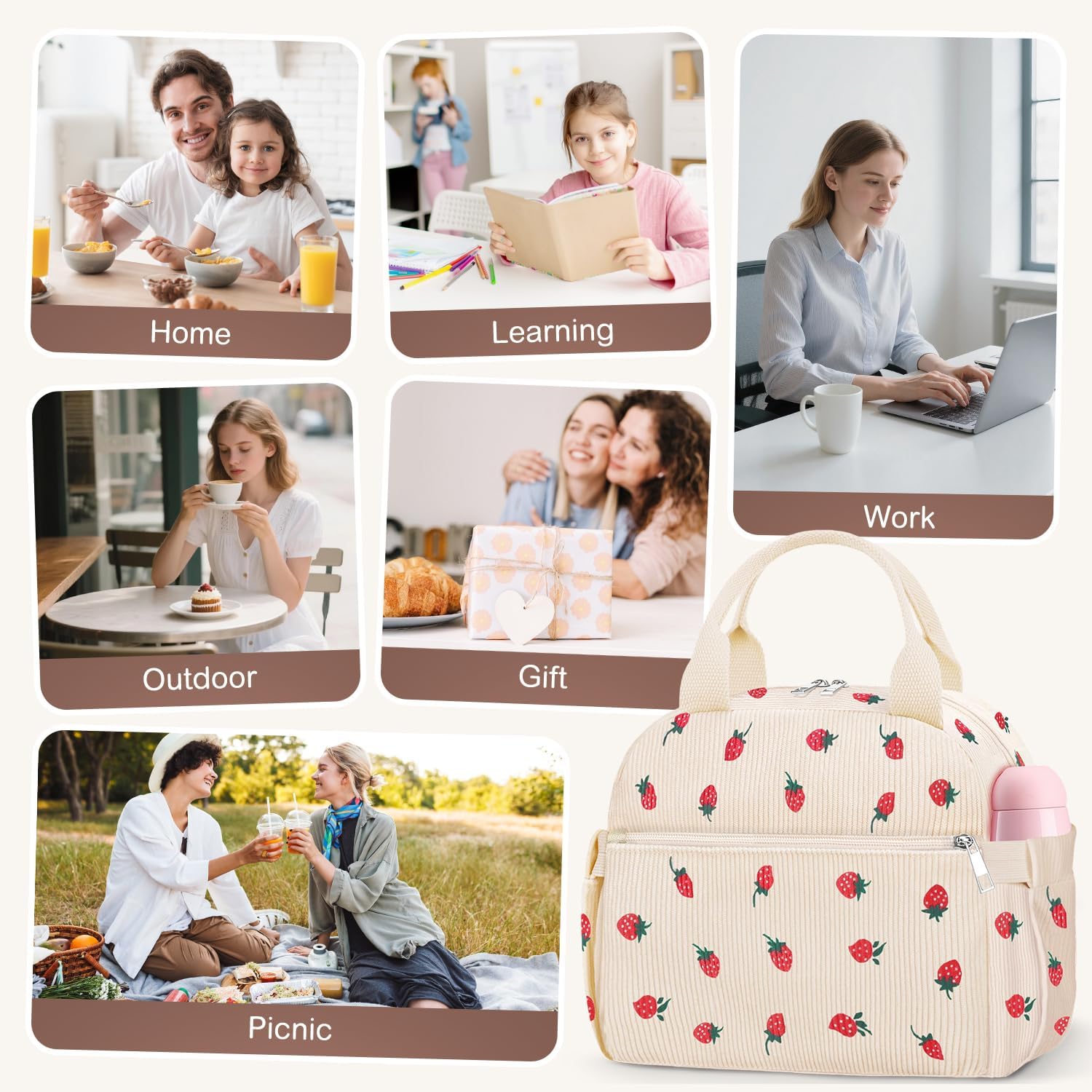 Lunch Box For Women, Cute Strawberry Corduroy Insulated Lunch Bag Women Reusable Work Leakproof Simple Adults Large Lunch Boxes Tote Bag Men Cooler Bag
