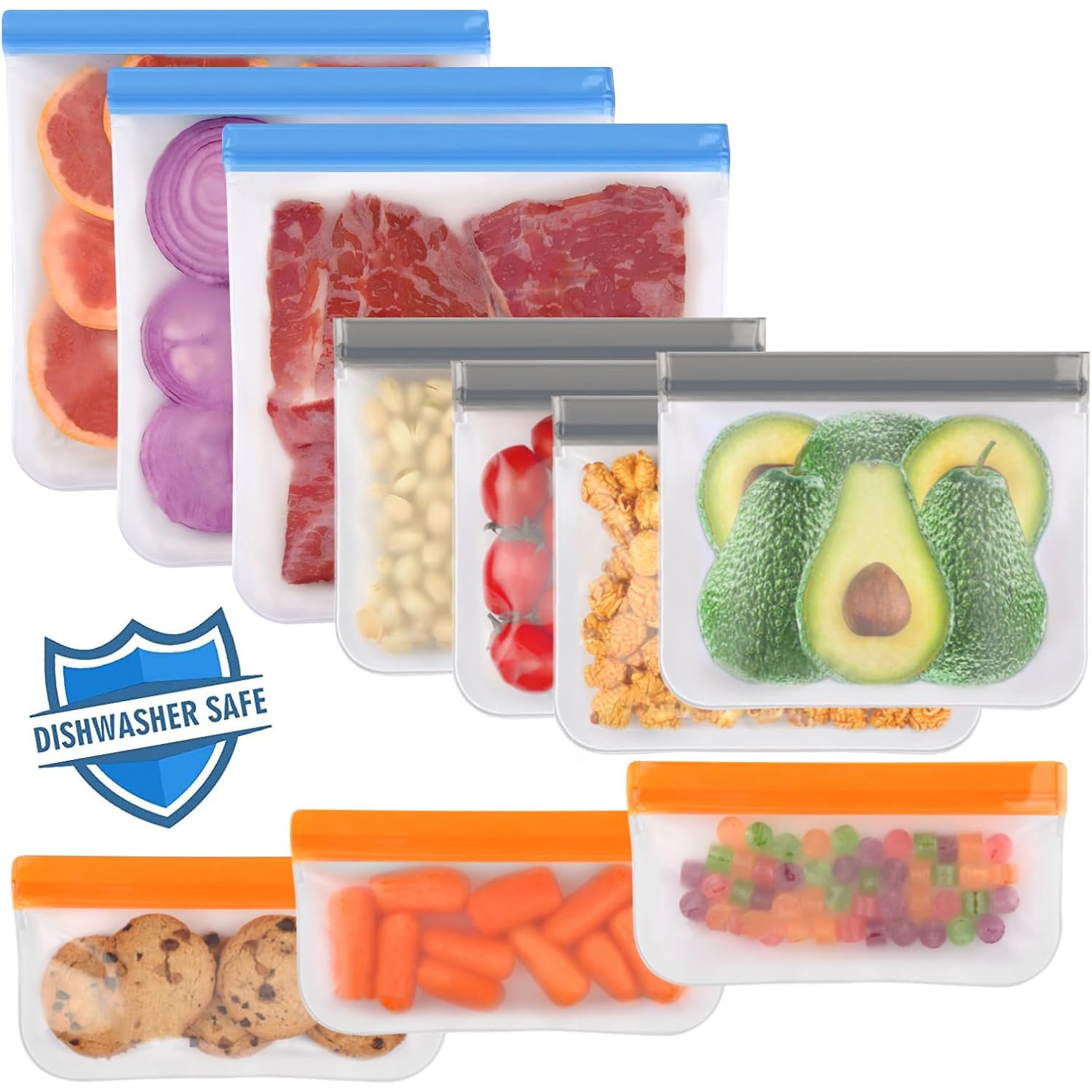 Lerine 10 Pack Dishwasher Safe Reusable Bags, Leakproof Reusable Freezer Bags, BPA Free Food Storage Bags for Marinate Food Travel - 3 Gallon 4 Sandwich 3 Snack