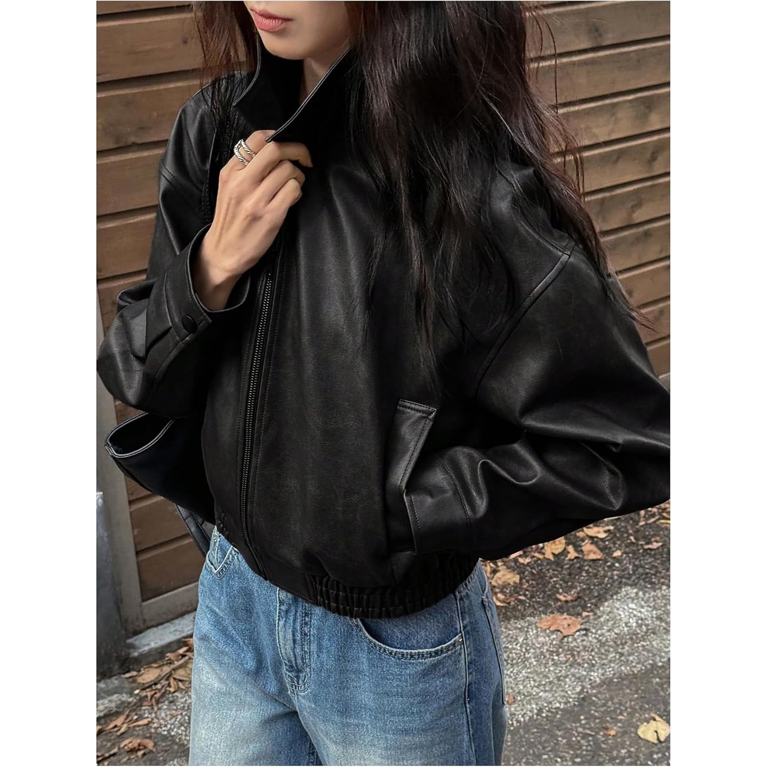 Milumia Women'S Faux Leather Zip Up Jacket Vintage Collared Long Sleeve Motorcycle Jackets