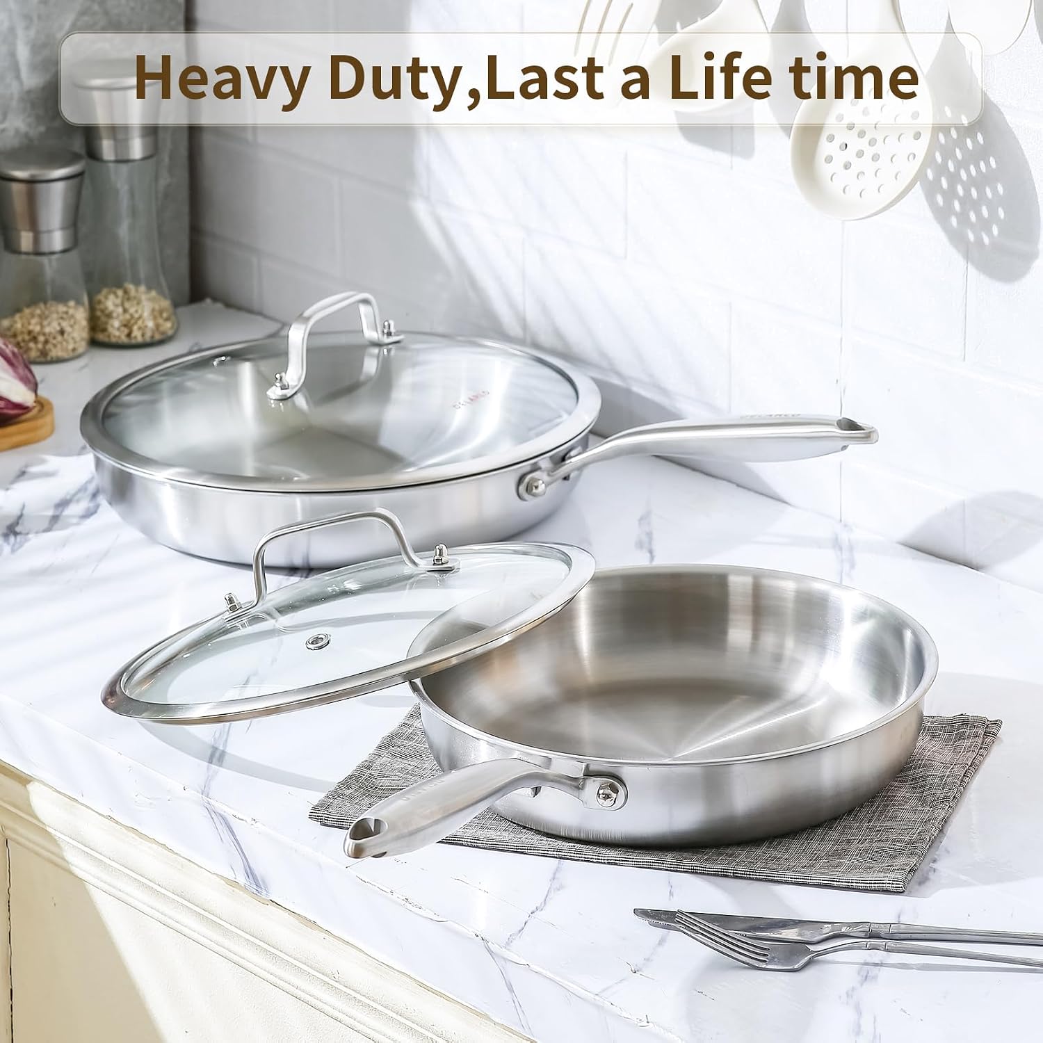 Delarlo Tri-Ply Stainless Steel Pan, 18/10 Frying Pan, Oven Safe Up To 600°F, Nontoxic Cookware, Compatible With All Cooktops Skillet, Durable, Fast Even Heat Fry Pan,12 Inch Pan With Glass Lids