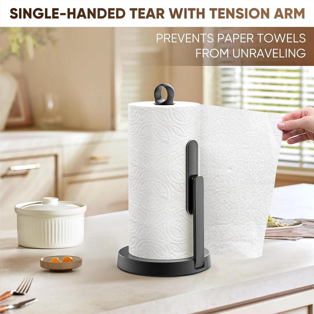 Heavy-Duty Stainless Steel Paper Towel Holder With Tension Arm – Easy One-Handed Tear, Modern Standing Countertop Dispenser For Kitchen, Holds All Paper Towel Rolls (1, Black)