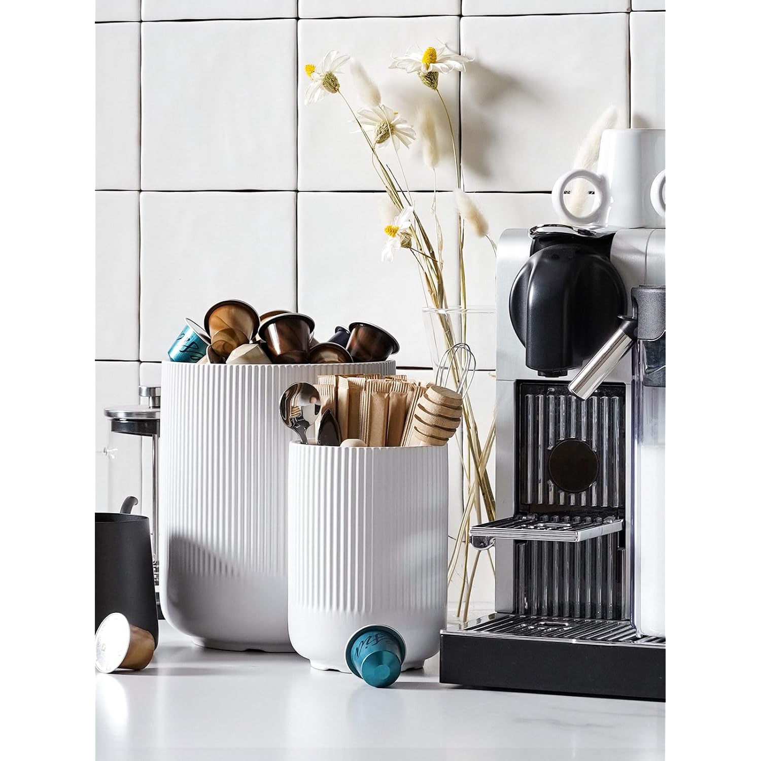 Le Tauci Utensil Holder For Kitchen Counter, 7.3"+5.4" Fluted Ceramic Utensil Crock Organizer For Countertop, Heavy Large Holder For Spatulas, Spoons, Set Of 2, White, Kitchen Counter Decor