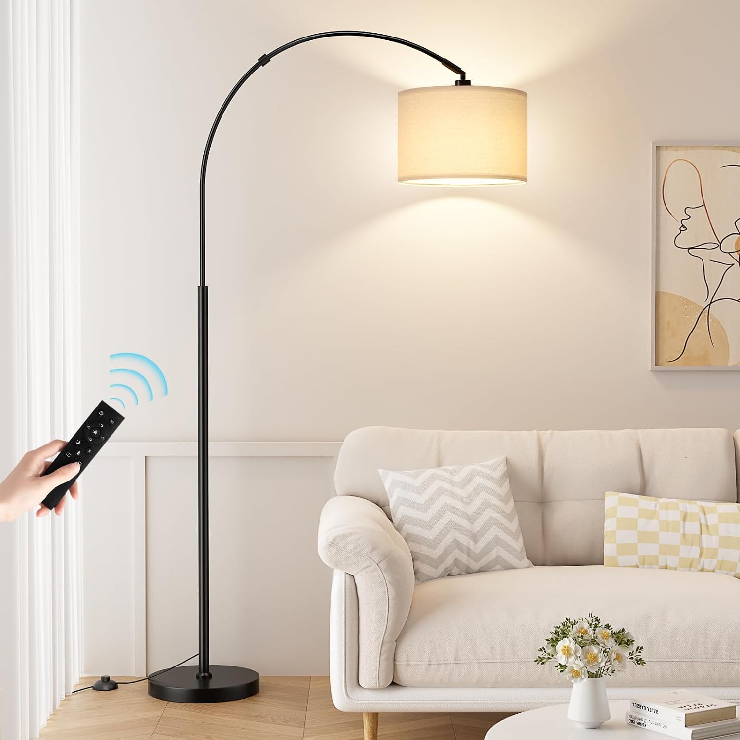 70" Dimmable Arc Floor Lamp With Remote, Color Temp Adjustable | Arched Floor Lamp With Rotating Head, Foot Switch And Remote, Over Couch Arched Light For Living Room, Deep Beige And Black