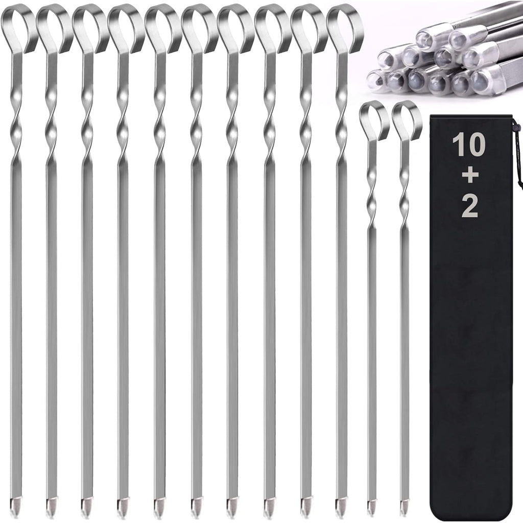 Skewers - 17" Kabob Skewers For Grilling, Metal Sticks For Kabobs Stainless Steel Flat Long Shish Kebab Reusable Grill Bbq Barbecue Sticks For Meat Chicken Vegetable, 12 Pack Bonus 14 Inch