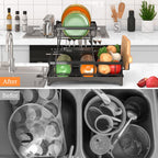 2-Tier Dish Drying Rack - Dish Rack With Auto Drain-To-Sink & Mat | Dish Racks For Kitchen Counter, Dish Drainer With Knife Fork & Cup Rack, Gifts For Women, Mothers Day, Kitchen Gadgets, Black