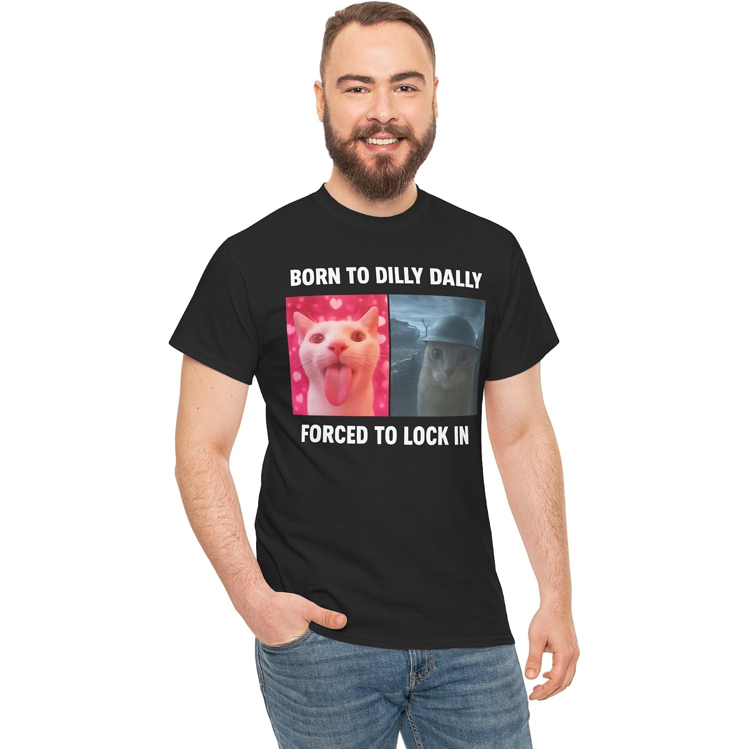 Born To Dilly Dally Forced To Lock In Shirt, Funny Cursed Cat Meme T-Shirt, Gen Z Ironic Humor Tee, Unhinged Viral Y2K Shirt