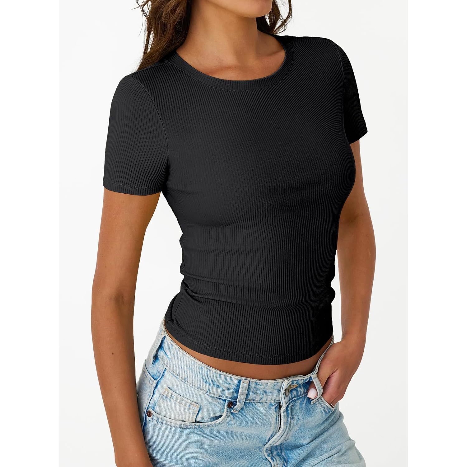 Trendy Queen Women'S Crewneck Ribbed Knit Fitted T-Shirt