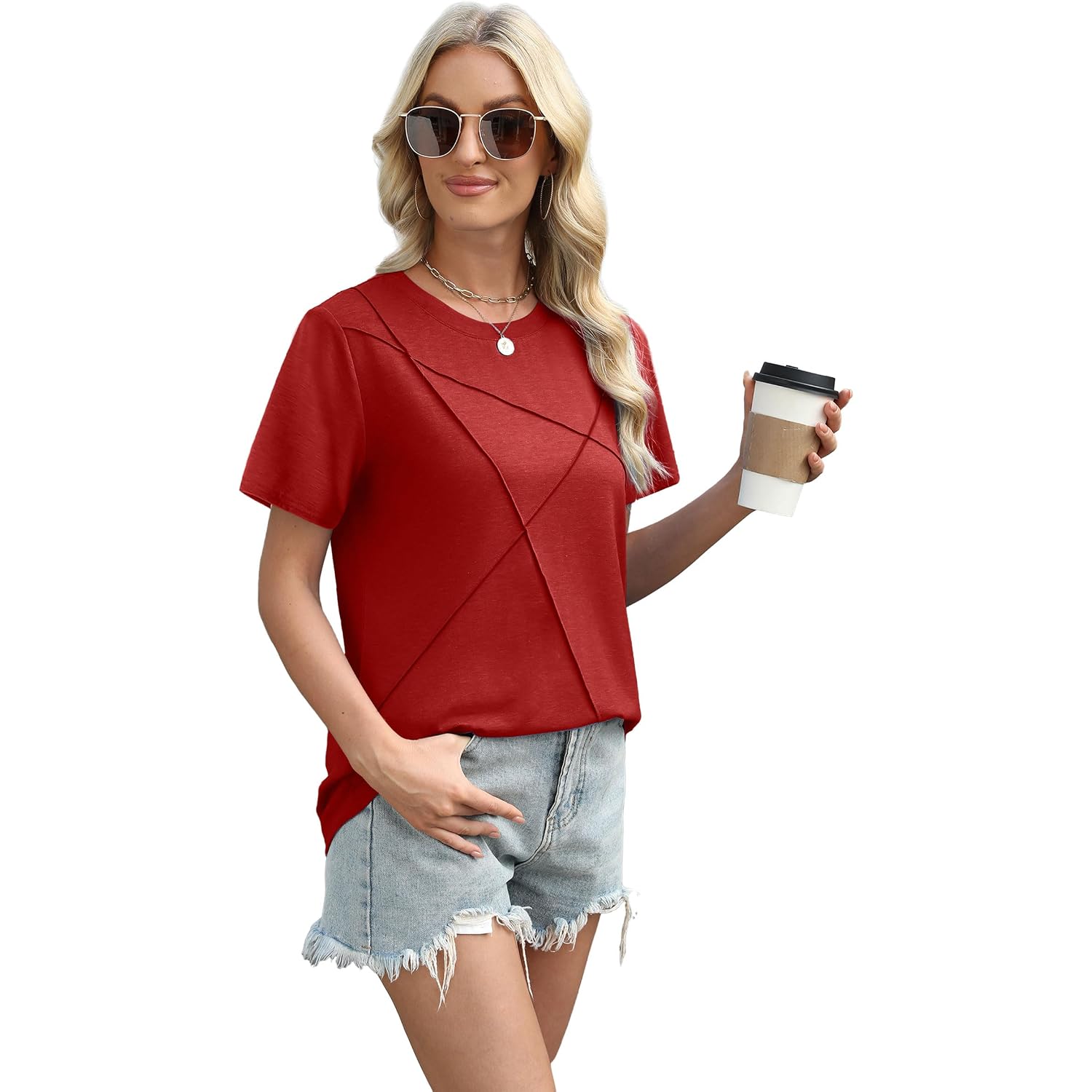 XIEERDUO Womens Summer Tops 2026 Pleated Round Neck Short Sleeve Shirts Business Casual