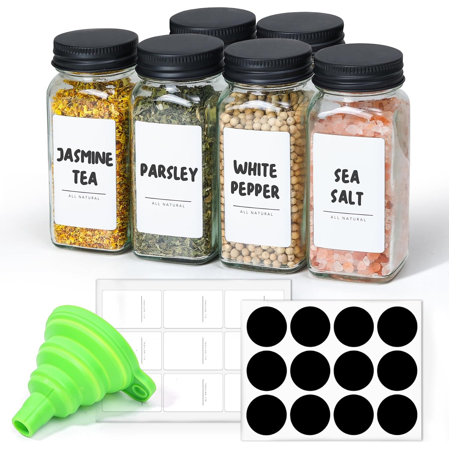 Comsaf Glass Spice Jars With With Labels 4 Oz 6 Pack Small Square | Empty Containers, Seasoning Herb Powder, Salt Pepper Chili, Spice Rack Organization, Kitchen Cabinet Storage, Funnel Included