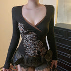 Y2k V Neck Floral Tops Women Fairy Grunge Vintage Long Sleeve Top 2000s Emo Graphic Cute Teen Girls Clothe Black