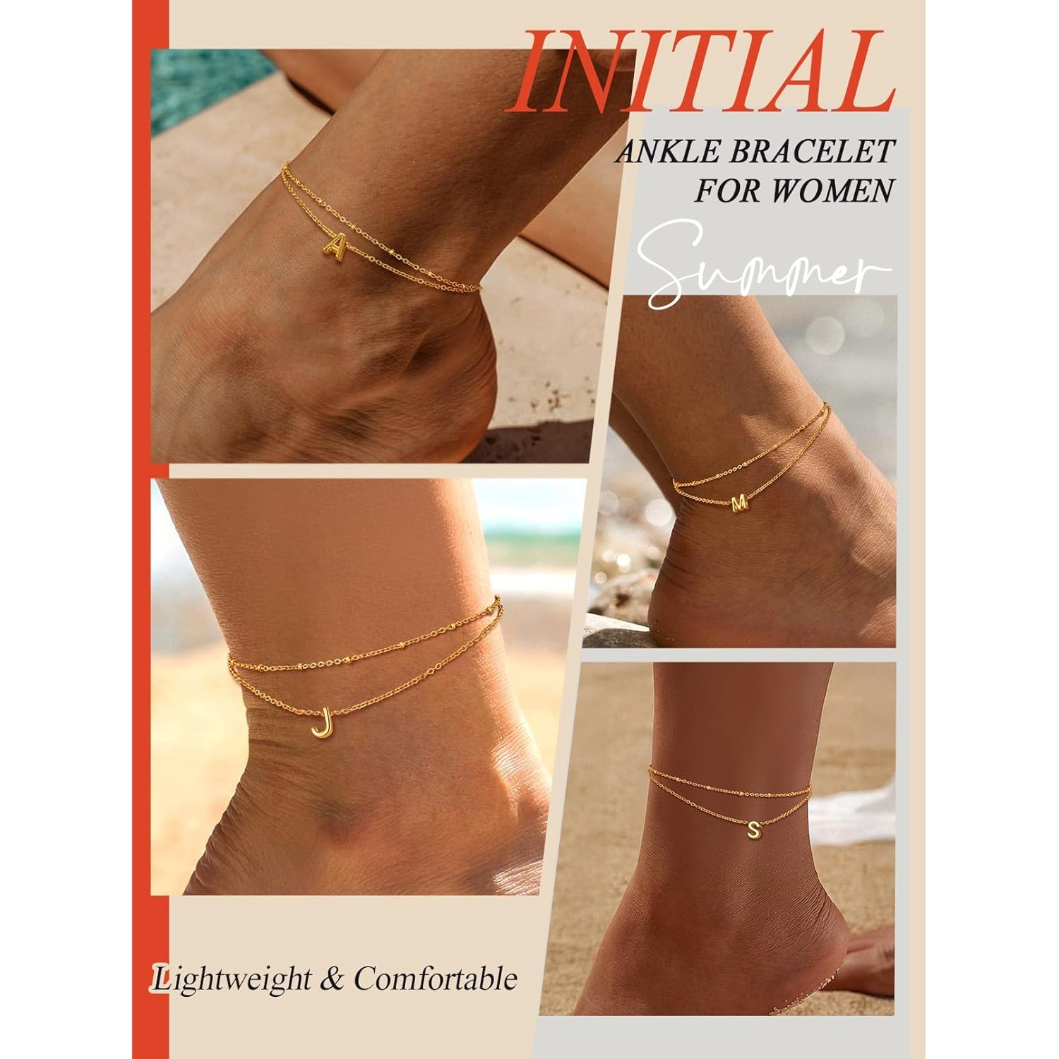 FaithHeart Initial Ankle Bracelets for Women, Waterproof 14k Gold Plated Initial Anklets Non Tarnish Stainless Steel Cute Layered Anklet Summer Beach Jewelry