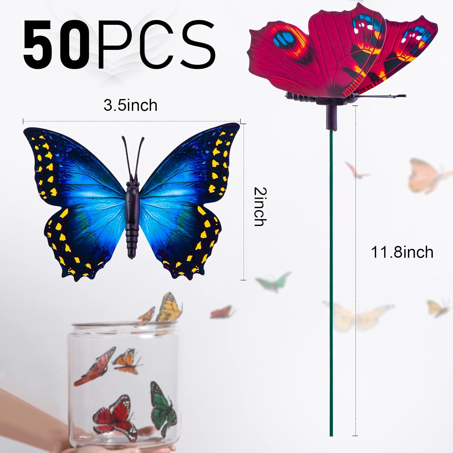 Vgoodall 50Pcs Butterfly Garden Decorations, 11.8 Inch Butterfly Stakes Ornaments Artificial Waterproof Butterflies For Flower Bouquet Outdoor Indoor Yard Art Patio Plant Pot Flower Bed Home Décor