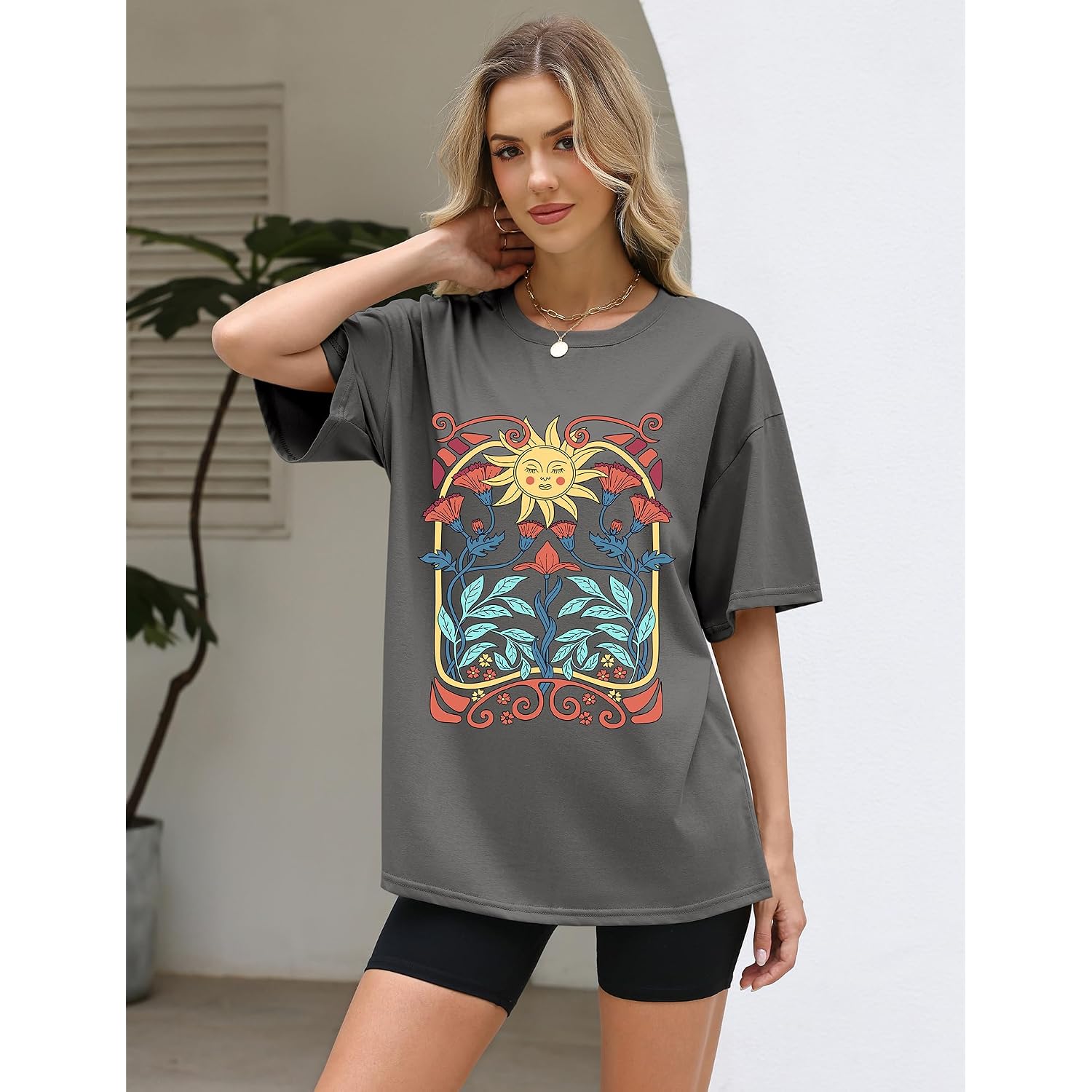 Lomon Oversized Graphic T Shirts For Women Short Sleeve Crewneck Summer Tops Loose Casual Basic Tees