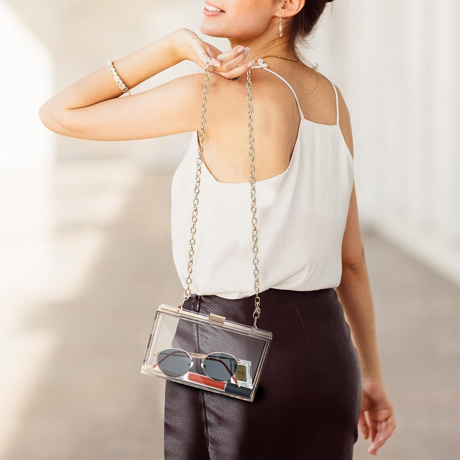 WJCD Clear Acrylic Crossbody Purse - Stadium Approved Box Clutch with Gold Chain, Small Transparent Evening Bag for Women | Premium Acrylic, Stadium Approved, Gold Chain Strap, Easy to Clean