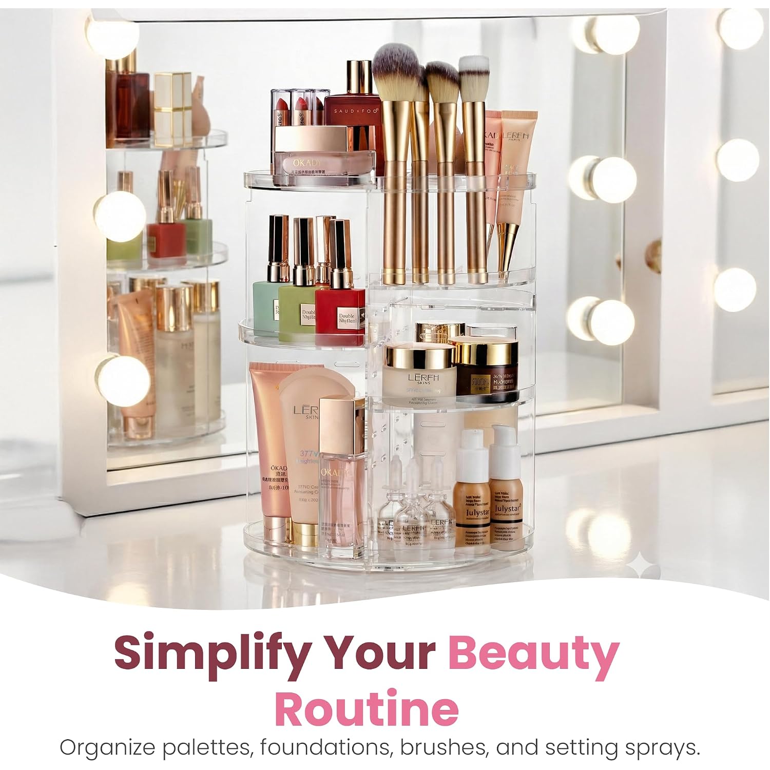 Masirs 360 Rotating Makeup Organizer Countertop - Adjustable Shelf Height - The Perfect Round Spinning Cosmetic Organizer For Bedroom Dresser Or Vanity Countertop Storage (Clear)