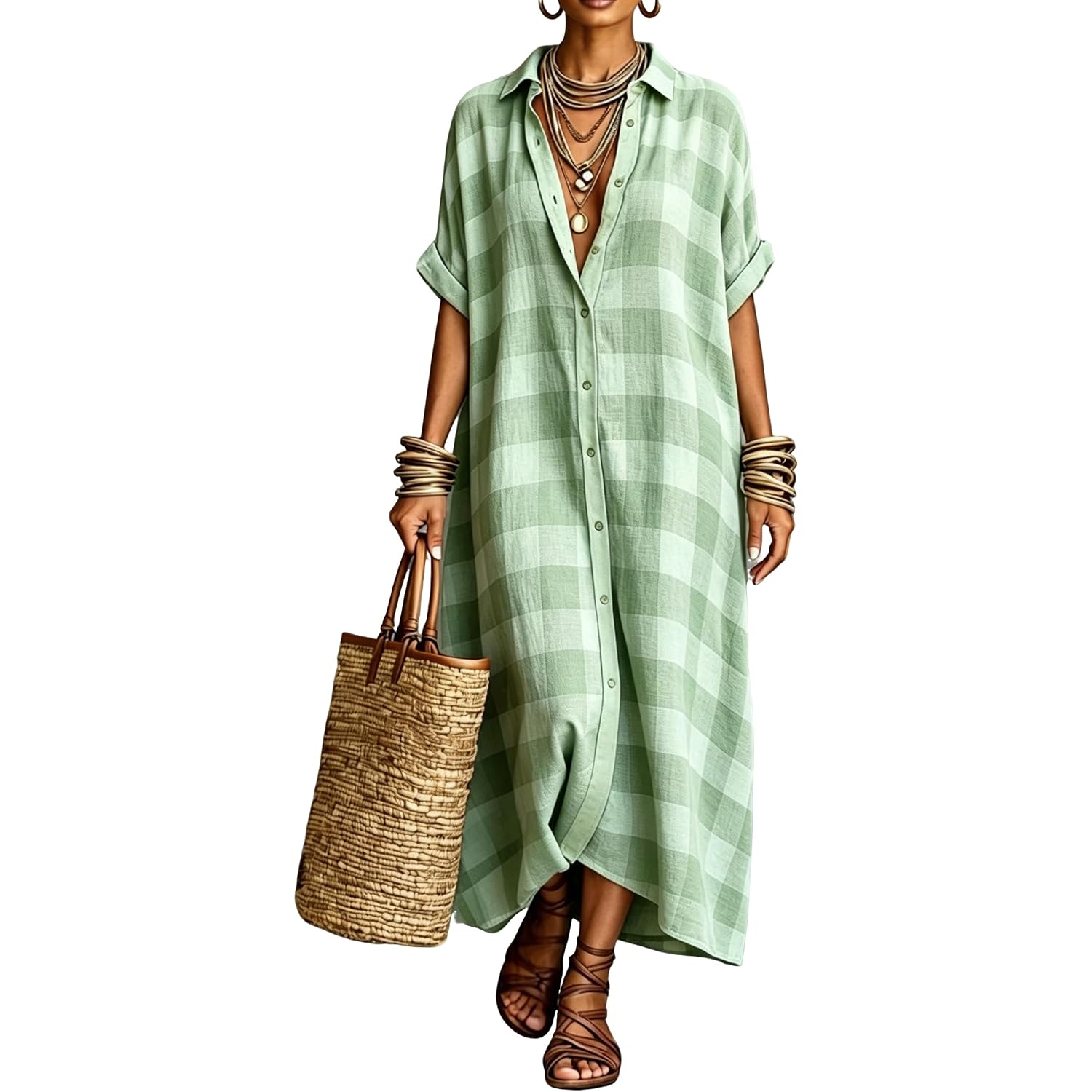 Women'S Cotton Linen Maxi Shirt Dress Short Sleeve Button Down Casual Loose Summer Gingham Beach Cover Up