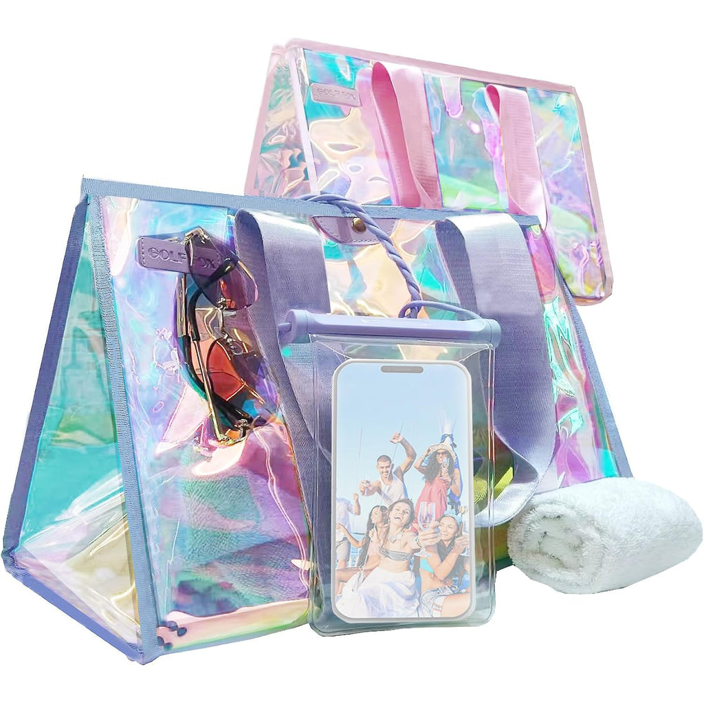 Golffox 2-Piece 26L Iridescent Beach Bag Set - Purple Iridescent Tote Bag With Snap & Pink Tote Bag With Zipper & Waterproof Touchscreen Phone Pouch, Perfect Beach Essentials For Family