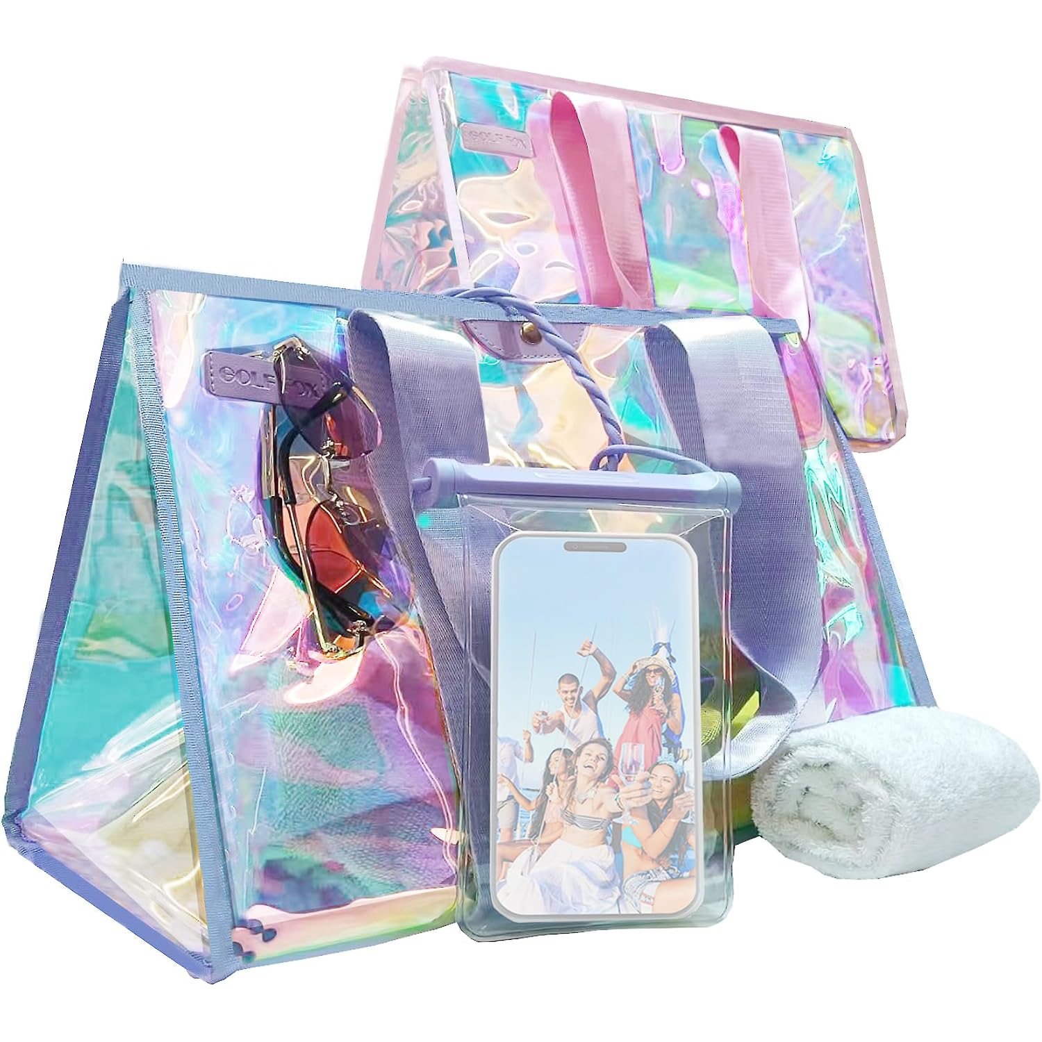 Golffox 2-Piece 26L Iridescent Beach Bag Set - Purple Iridescent Tote Bag With Snap & Pink Tote Bag With Zipper & Waterproof Touchscreen Phone Pouch, Perfect Beach Essentials For Family