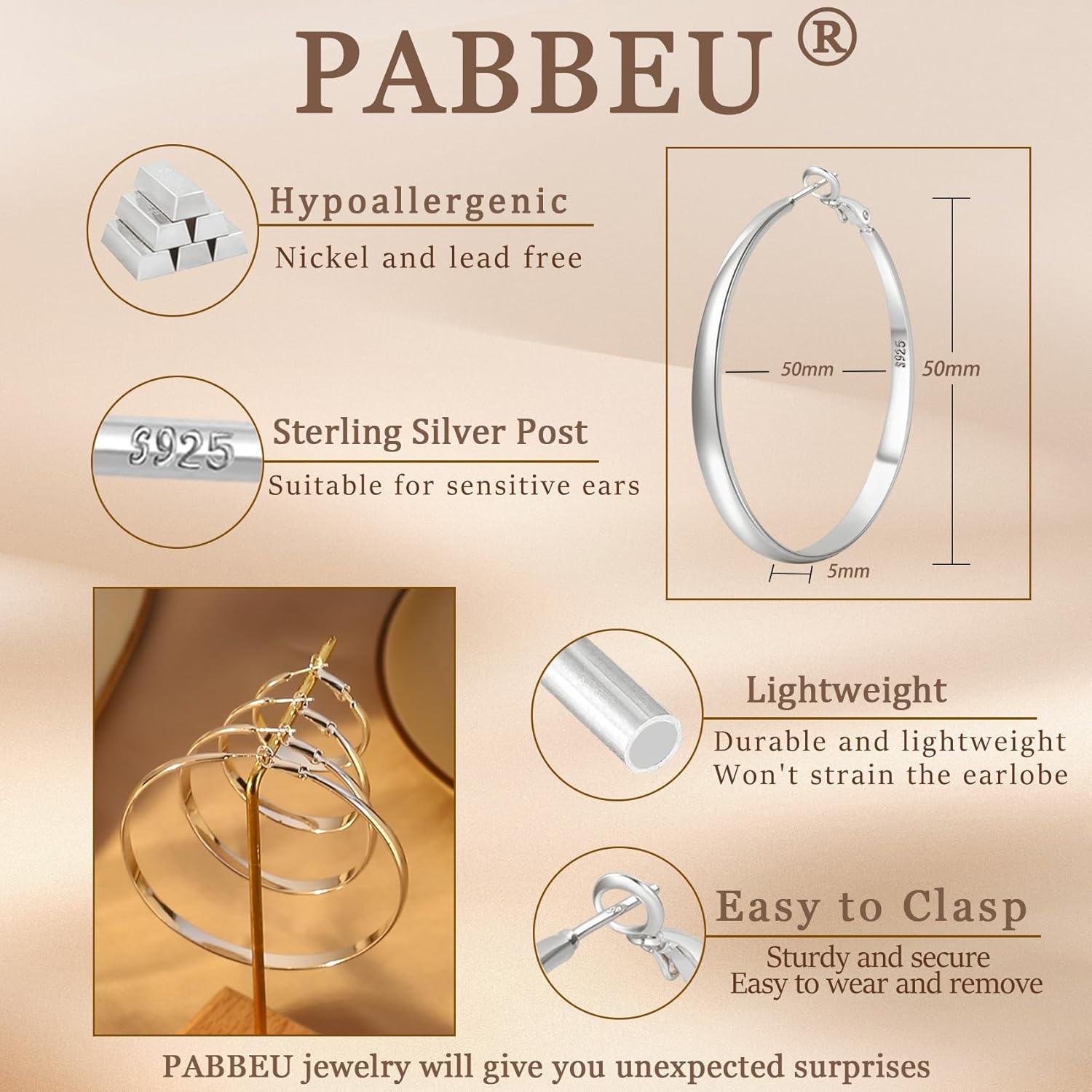 PABBEU Sterling Silver Hoop Earrings for Women - Large Hypoallergenic Thin Oversize Big Hoops - S925 Hypoallergenic