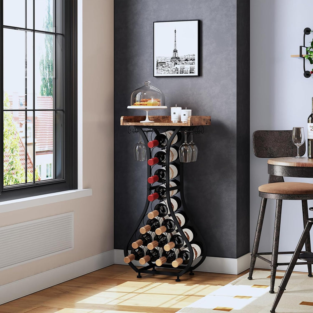 X-Cosrack Wine Rack Freestanding Floor, Mini Bar Table Wine Holder Stand Liquor Cabinet With Glass Holder Wood Tabletop 14 Bottles Floor Wine Storage For Home Bar Kitchen Living Room