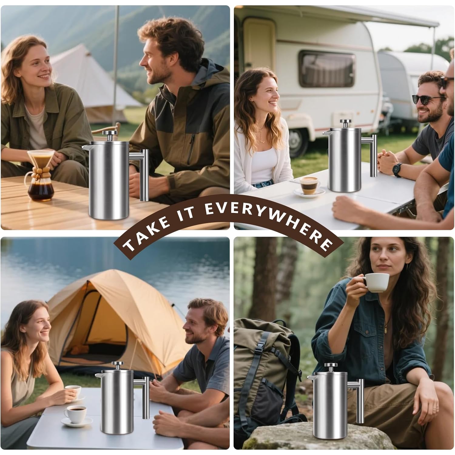 French Press 34 oz, Full Stainless Steel French Press Coffee Maker 4 Cups, Upgrated Double-Walled Insulated French Coffee Presses, Food Grade Good for Kitchen Camping, Dishwasher Safe 2 More Filters