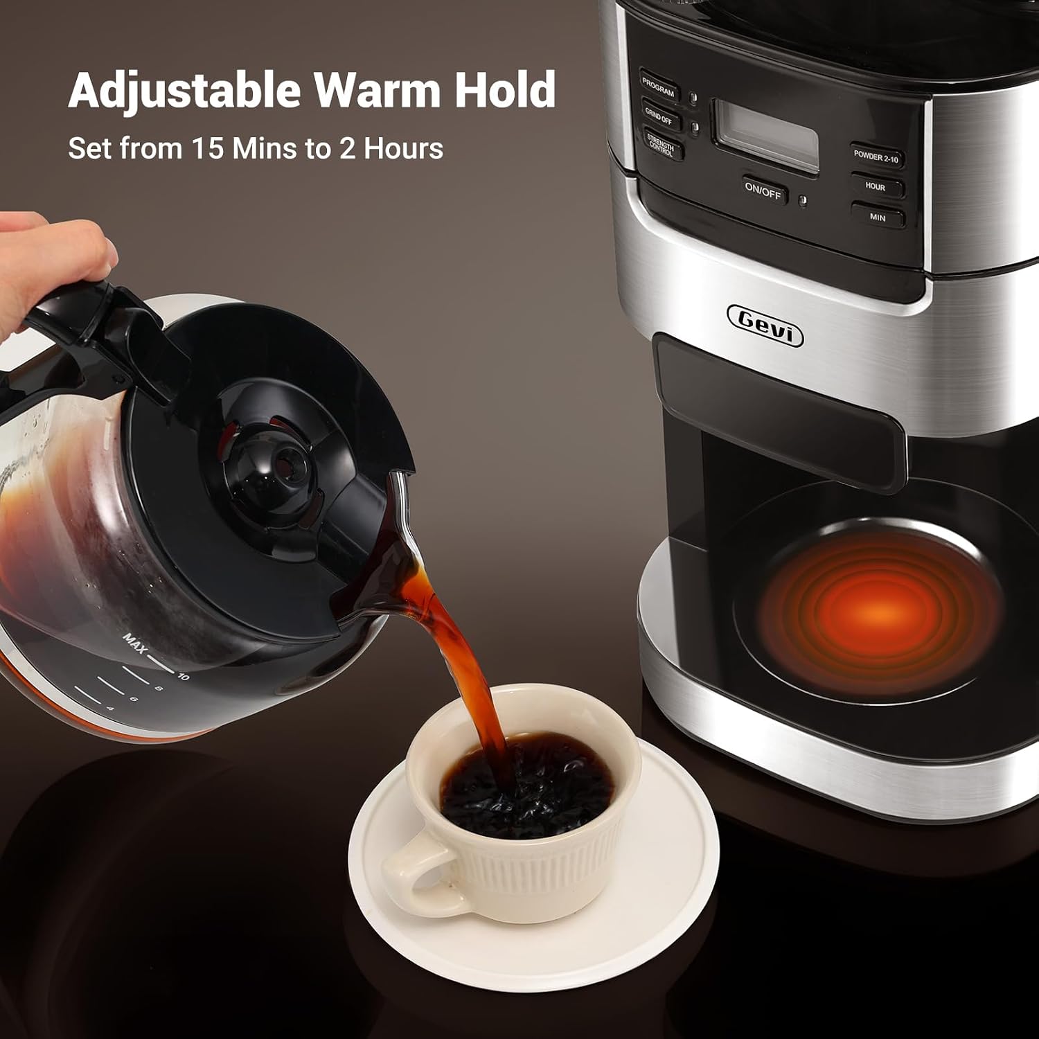 Gevi 10-Cup Drip Coffee Maker With Built-In Burr Grinder & Programmable Timer, 1.5L Water Tank, Auto Keep-Warm, Reusable Filter - Fresh Ground Coffee Machine (Black)