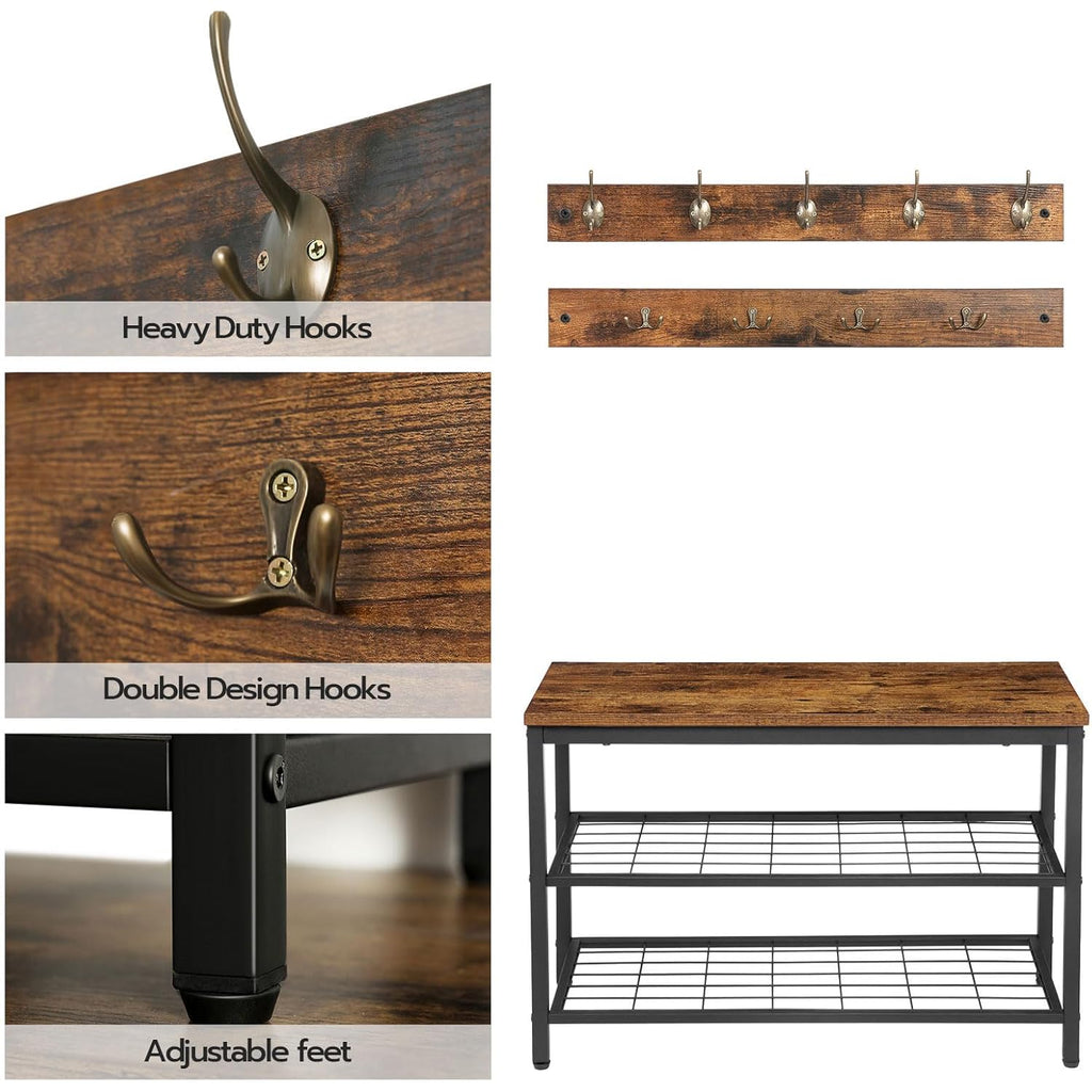 HOOBRO Hall Tree with Bench, Coat Rack Shoe Bench Set, Entryway Shoe Rack with Coat Hooks, Hall Tree Coat Rack, Mud Room, Industrial, for Foyer, Front Door, Rustic Brown BF07MT01