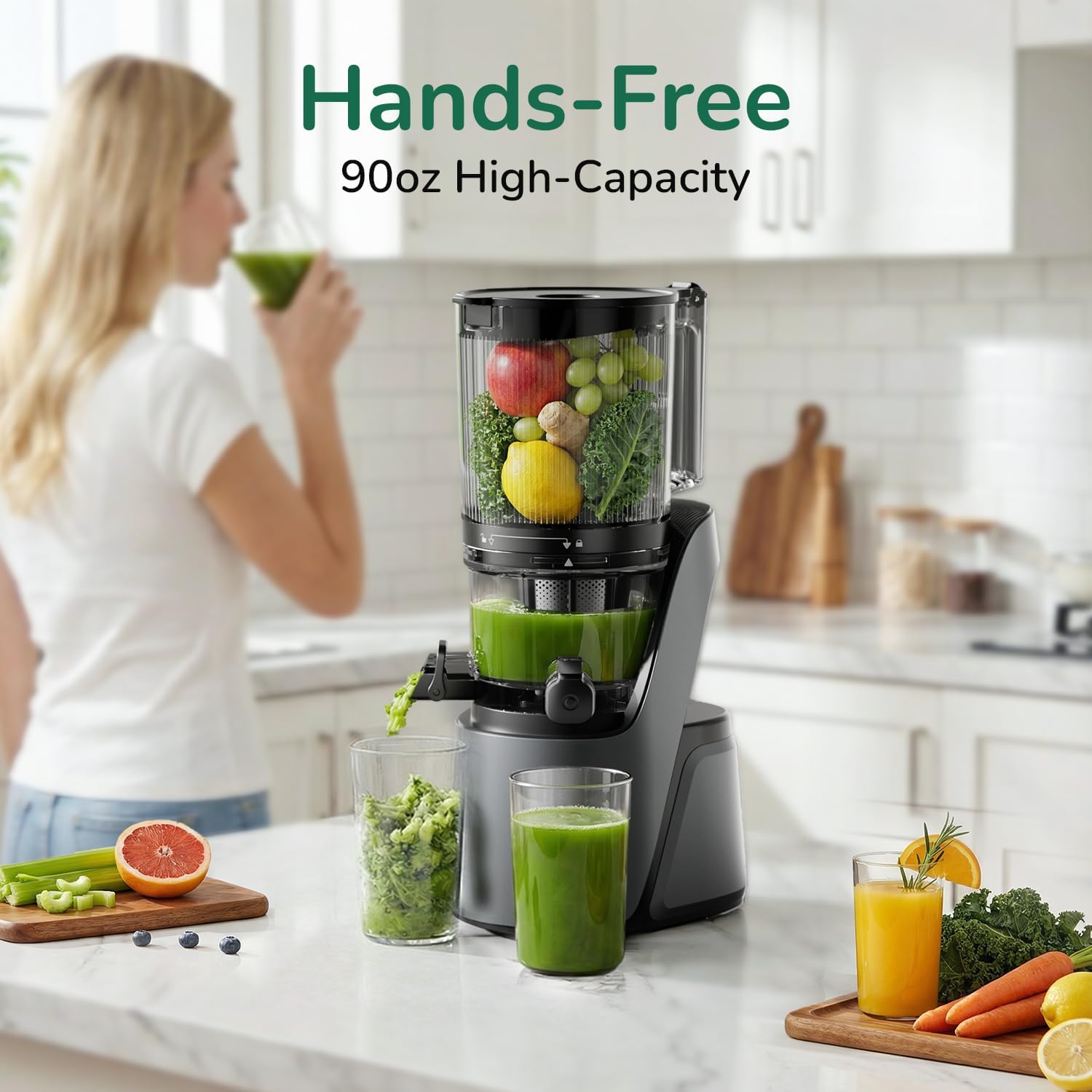 Canoly C16 Cold Press Juicer, 6" Extra Wide Feed Chute, 3-In-1 Strainers (Juice & Sorbet & Nut Milk), Powerful Ac Brushless Motor, Self Precut System, Juicer Machines With Bpa-Free (Space Gray)