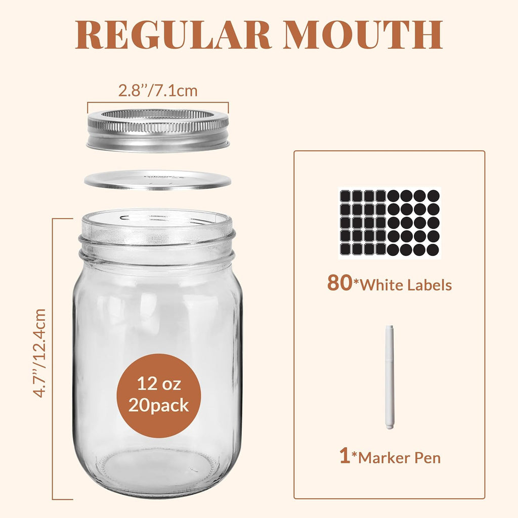 Cyclemore 20 Pcs 12Oz Glass Mason Jars With Silver Separable Lids, 350Ml Round Canning Jars For Honey, Jam, Herb, Wedding Favor, Kitchen Storage Wide Mouth Bottles For Crafts, Meal Prep