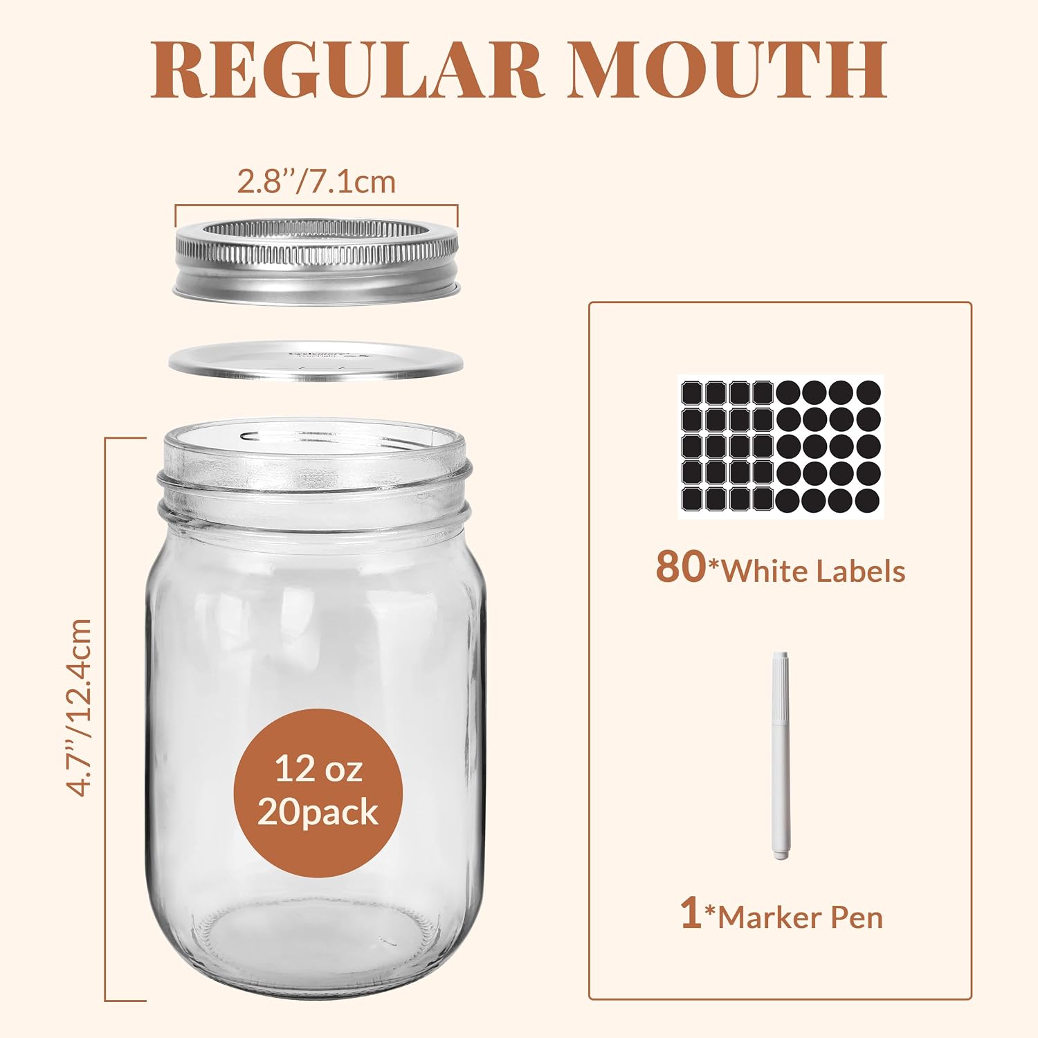 Cyclemore 20 Pcs 12Oz Glass Mason Jars With Silver Separable Lids, 350Ml Round Canning Jars For Honey, Jam, Herb, Wedding Favor, Kitchen Storage Wide Mouth Bottles For Crafts, Meal Prep