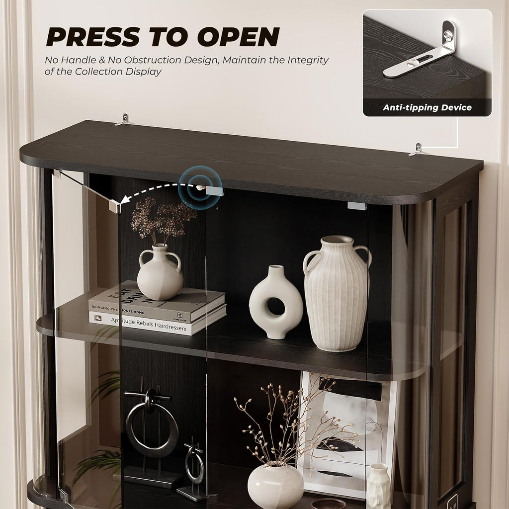 Brottar Large Rounded Display Cabinet With Glass Door & Lights, Black | 4-Tier Curio Cabinet With 3 Color Lights For Collectibles, Glass Display Case With Transparent Full-Display Surface