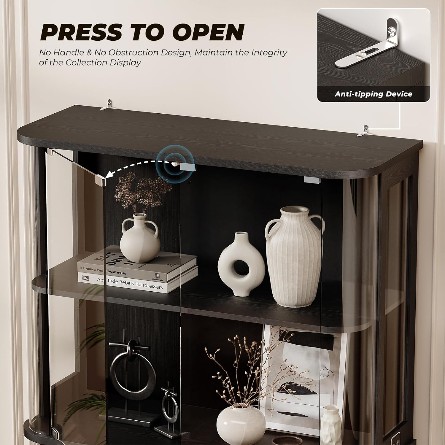 Brottar Large Rounded Display Cabinet With Glass Door & Lights, Black | 4-Tier Curio Cabinet With 3 Color Lights For Collectibles, Glass Display Case With Transparent Full-Display Surface