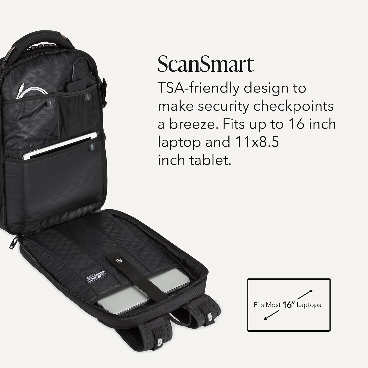 Swissgear Travel Tech Elite Laptop Backpack – Fits Laptops Up To 16” – Scansmart Tsa-Friendly Backpack With Usb Port, Shoe Compartment & Organizer Pockets – Black
