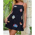 Women Boho Mini Cami Dress Graffiti Spaghetti Strap Aline Fruit Dress Cute Colofrul Short Beach Sundress