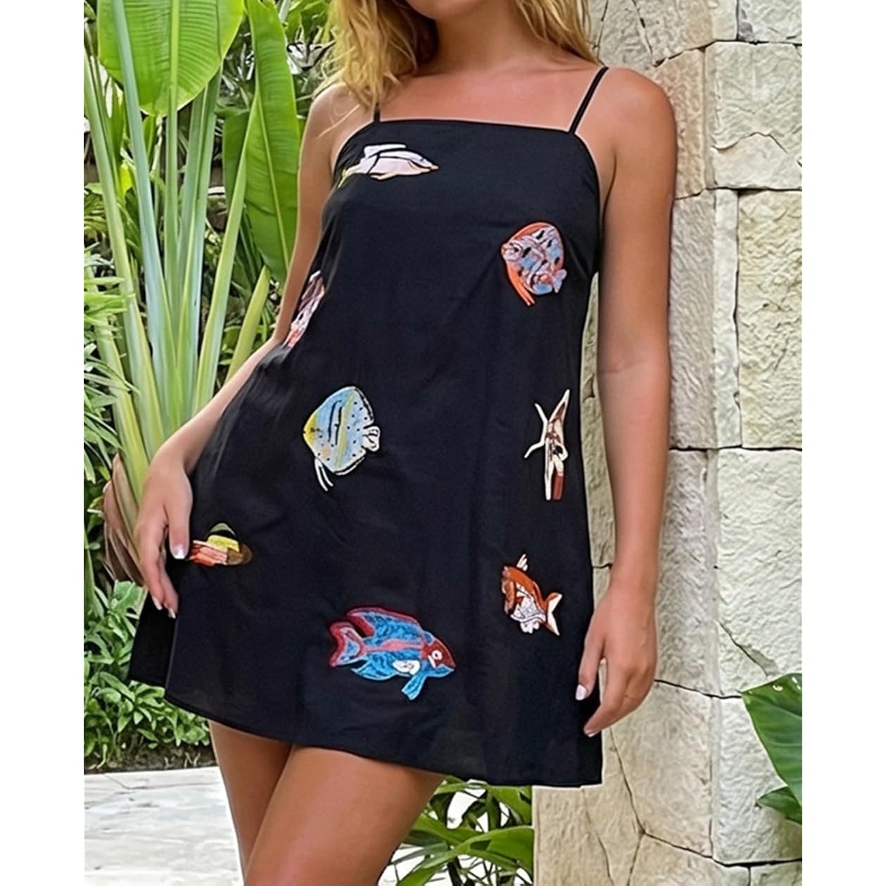Women Boho Mini Cami Dress Graffiti Spaghetti Strap Aline Fruit Dress Cute Colofrul Short Beach Sundress