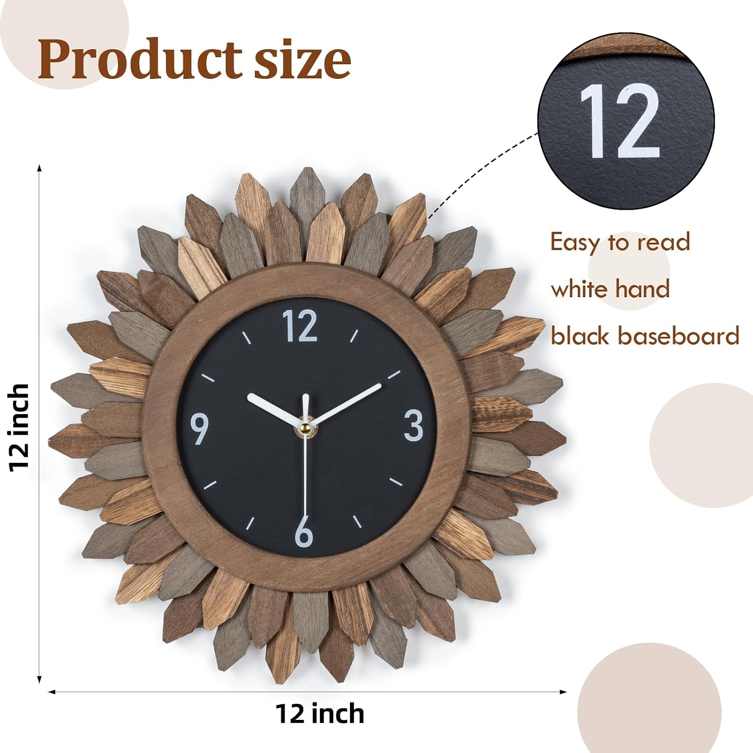 Wall Clock Battery Operated 12 In Rustic Wood Boho Sunburst Decorative Wall Clock Silent Non Ticking Farmhouse Small Wall Clocks For Living Room Kitchen Bathroom Bedroom Decor (Tricolor)