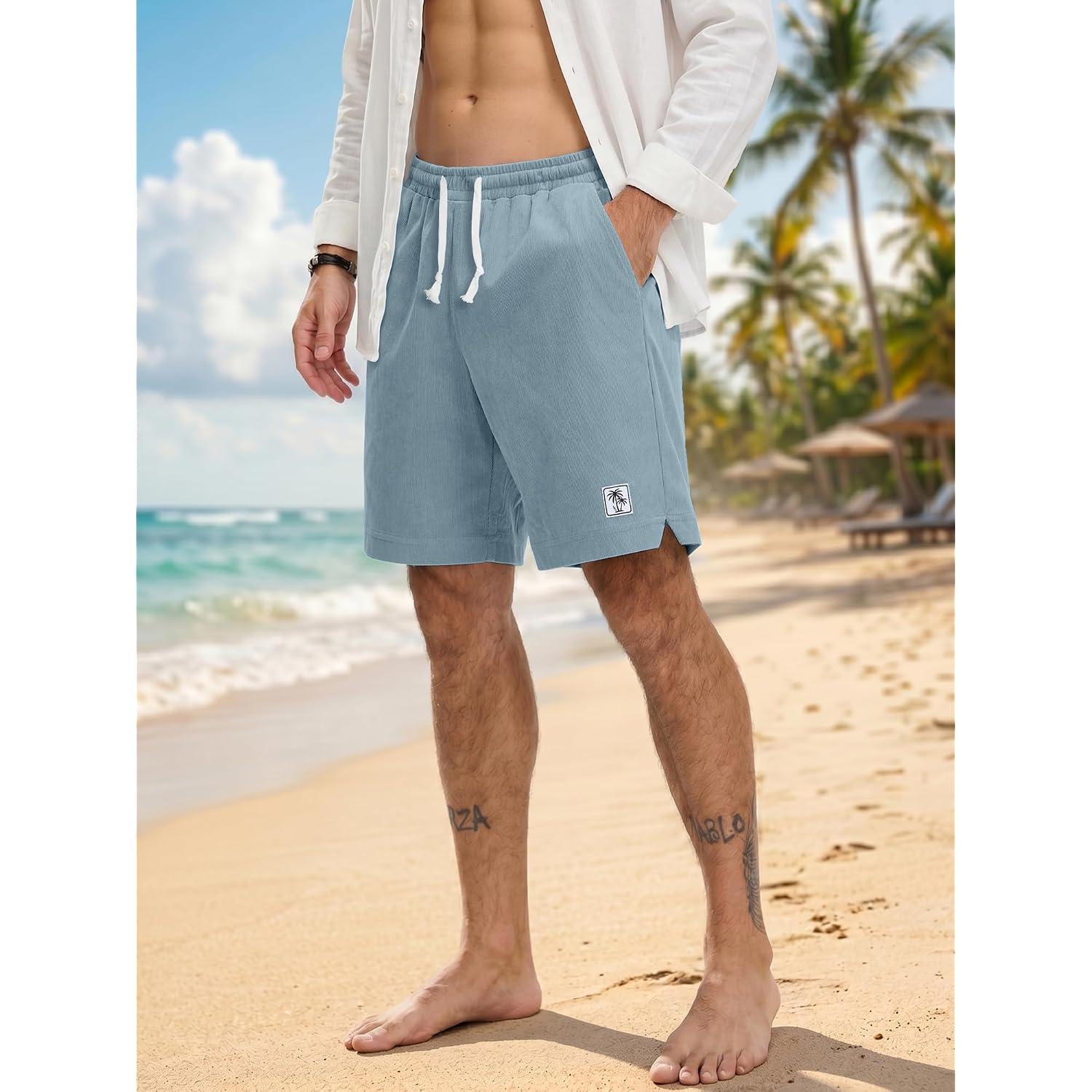 Plepan Mens Corduroy Shorts Casual 7 Inch Elastic Waist Drawstring Lightweight Summer Beach Loose Fit Lounge Shorts