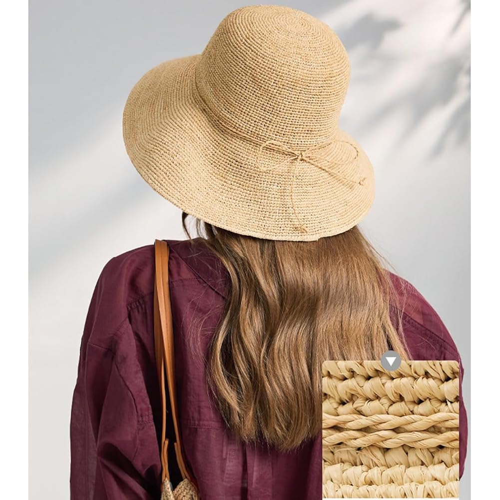 Koradi Women Raffia Beach Hat Natural Raffia Straw Bucket Hat Handwoven Foldable Sun Hats Wide Brim Summer Travel Cap