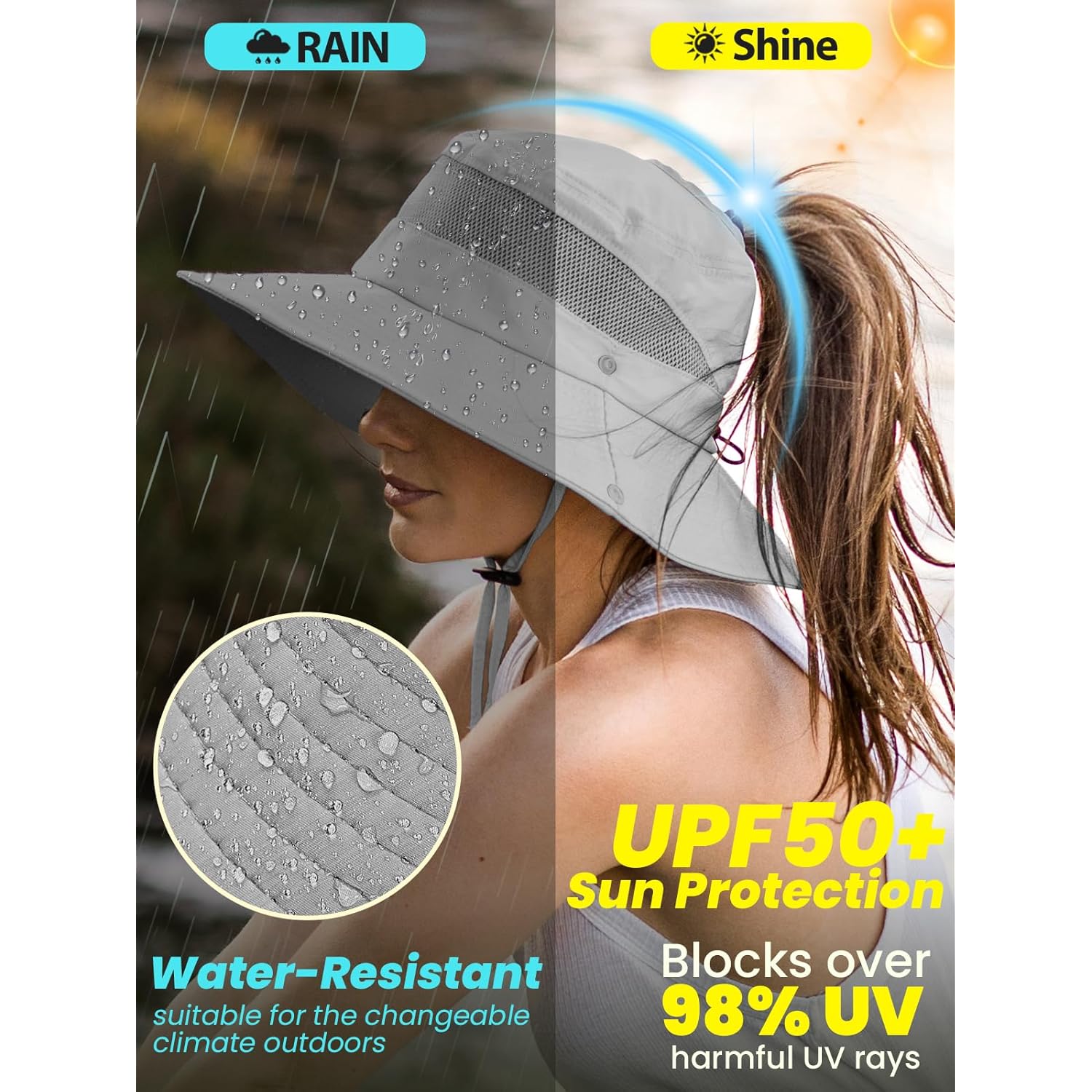 EW EastWater Beach Sun Bucket Hats for Women,UV Protection High Ponytail Hole UPF 50+ Waterproof for Hiking Safari Fishing