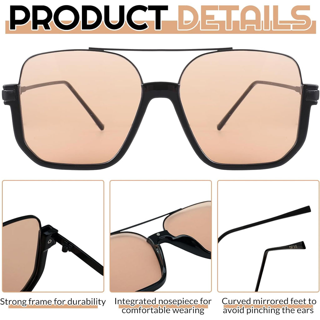 Retro Oversized Aviator Sunglasses Trendy Double Bridge Square Sunglasses 70S Shades Uv Protection