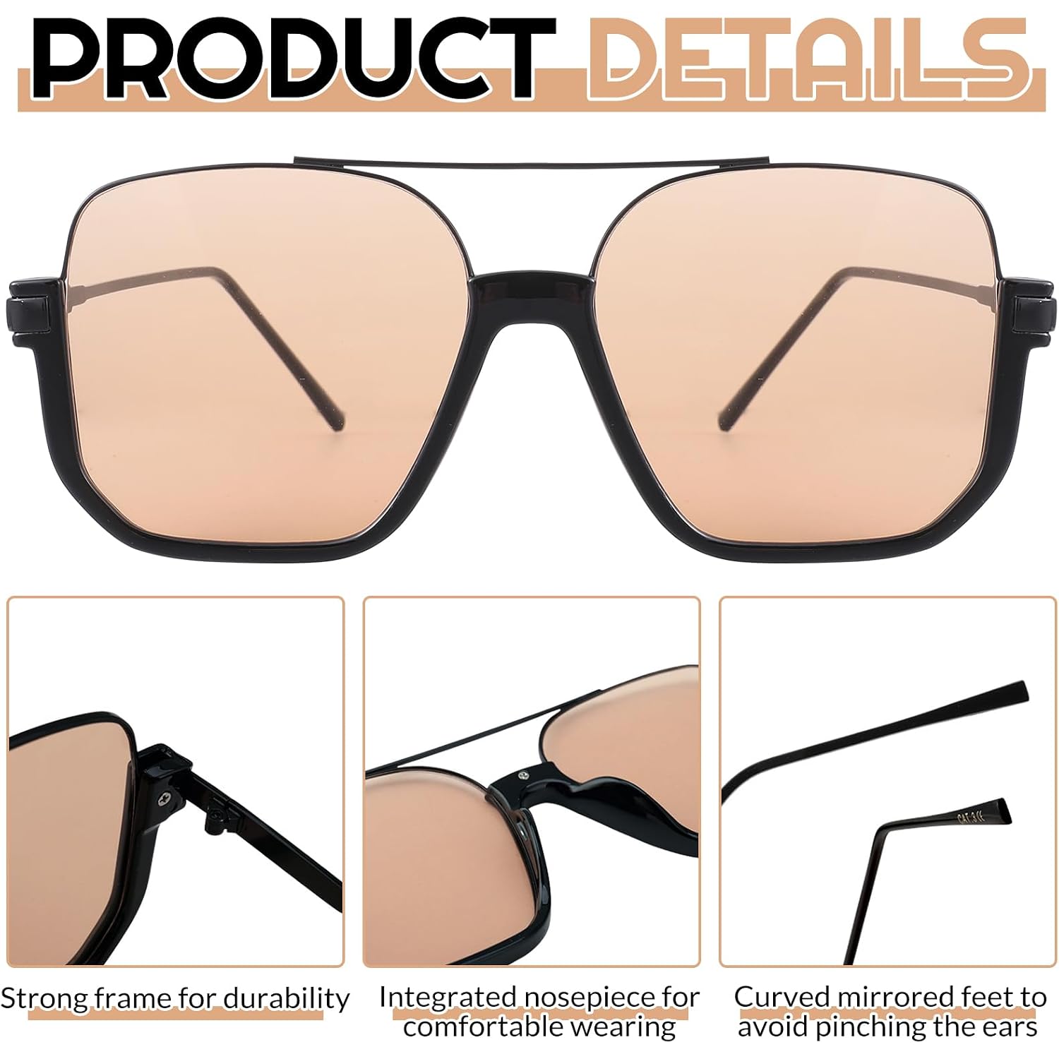 Retro Oversized Aviator Sunglasses Trendy Double Bridge Square Sunglasses 70S Shades Uv Protection