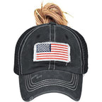 American Flag Baseball Cap High Ponytail Baseball Cap Adjustable Washed Vintage Cotton Denim Distressed Hat Unisex High Ponytail Usa-black