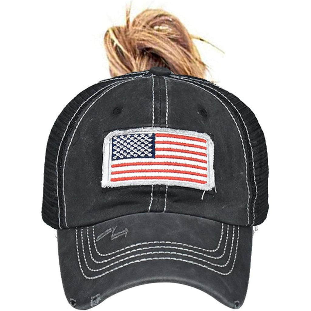 American Flag Baseball Cap High Ponytail Baseball Cap Adjustable Washed Vintage Cotton Denim Distressed Hat Unisex High Ponytail Usa-black