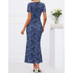 Merokeety Women Summer Floral Wedding Guest Maxi Dress 2026 Formal Short Sleeve Square Neck Bodycon Cocktail Party Long Dress