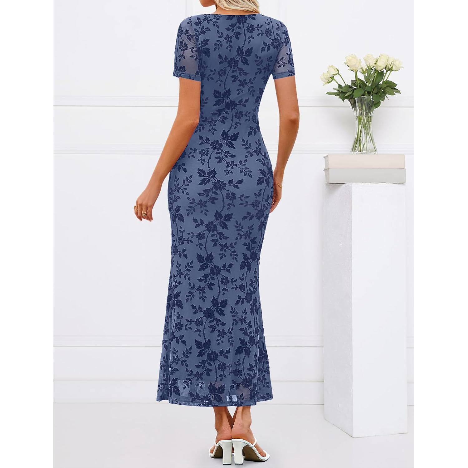 Merokeety Women Summer Floral Wedding Guest Maxi Dress 2026 Formal Short Sleeve Square Neck Bodycon Cocktail Party Long Dress