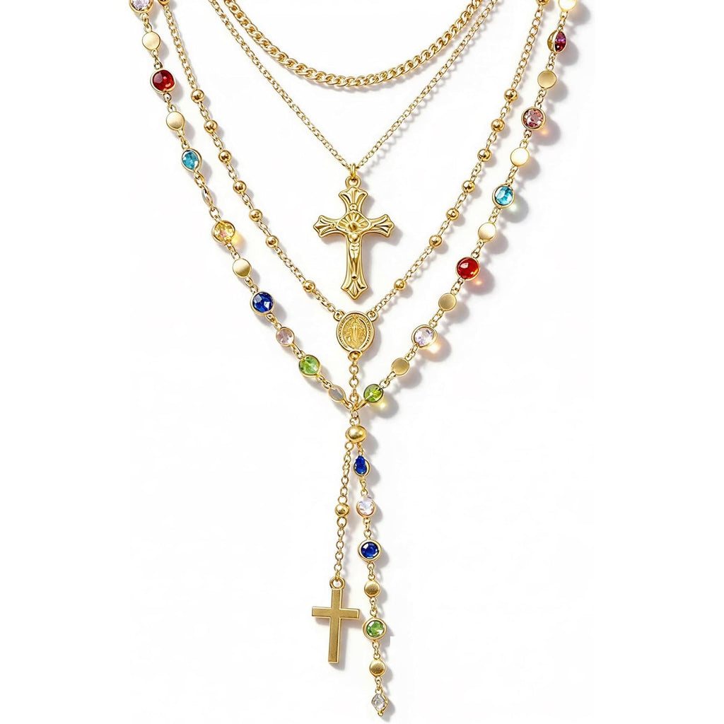 4PCS Layered Gold Cross Necklaces for Women Trendy, Bohemian Bead Pearl Y Long Pendant Necklace Set, Vintage Rosary Necklace Stack Adjustable Length