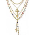 4PCS Layered Gold Cross Necklaces for Women Trendy, Bohemian Bead Pearl Y Long Pendant Necklace Set, Vintage Rosary Necklace Stack Adjustable Length