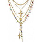 4PCS Layered Gold Cross Necklaces for Women Trendy, Bohemian Bead Pearl Y Long Pendant Necklace Set, Vintage Rosary Necklace Stack Adjustable Length