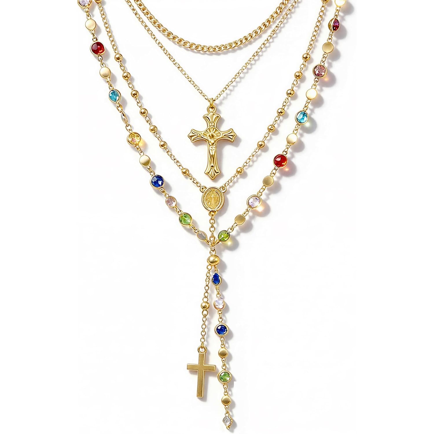 4PCS Layered Gold Cross Necklaces for Women Trendy, Bohemian Bead Pearl Y Long Pendant Necklace Set, Vintage Rosary Necklace Stack Adjustable Length